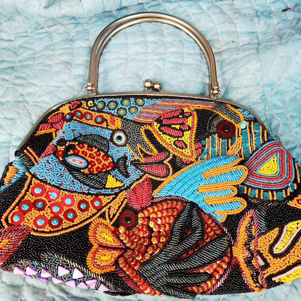 Chico's Vibrant Artistic Leather Beaded Clutch